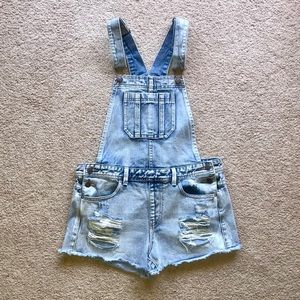 Distressed denim overall shorts